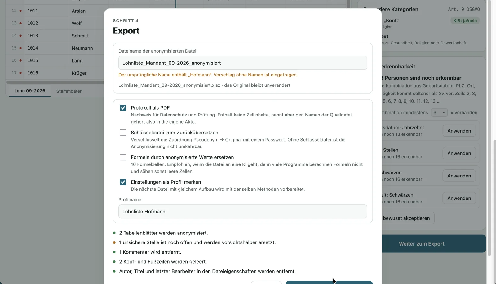 Export mit Protokoll, Schlüsseldatei und Profil