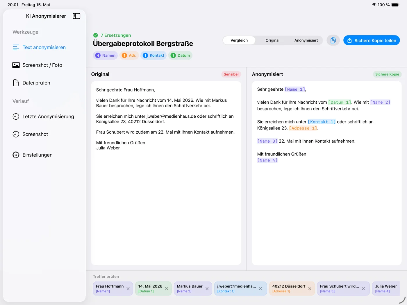 iPad-App mit Original und anonymisiertem Text