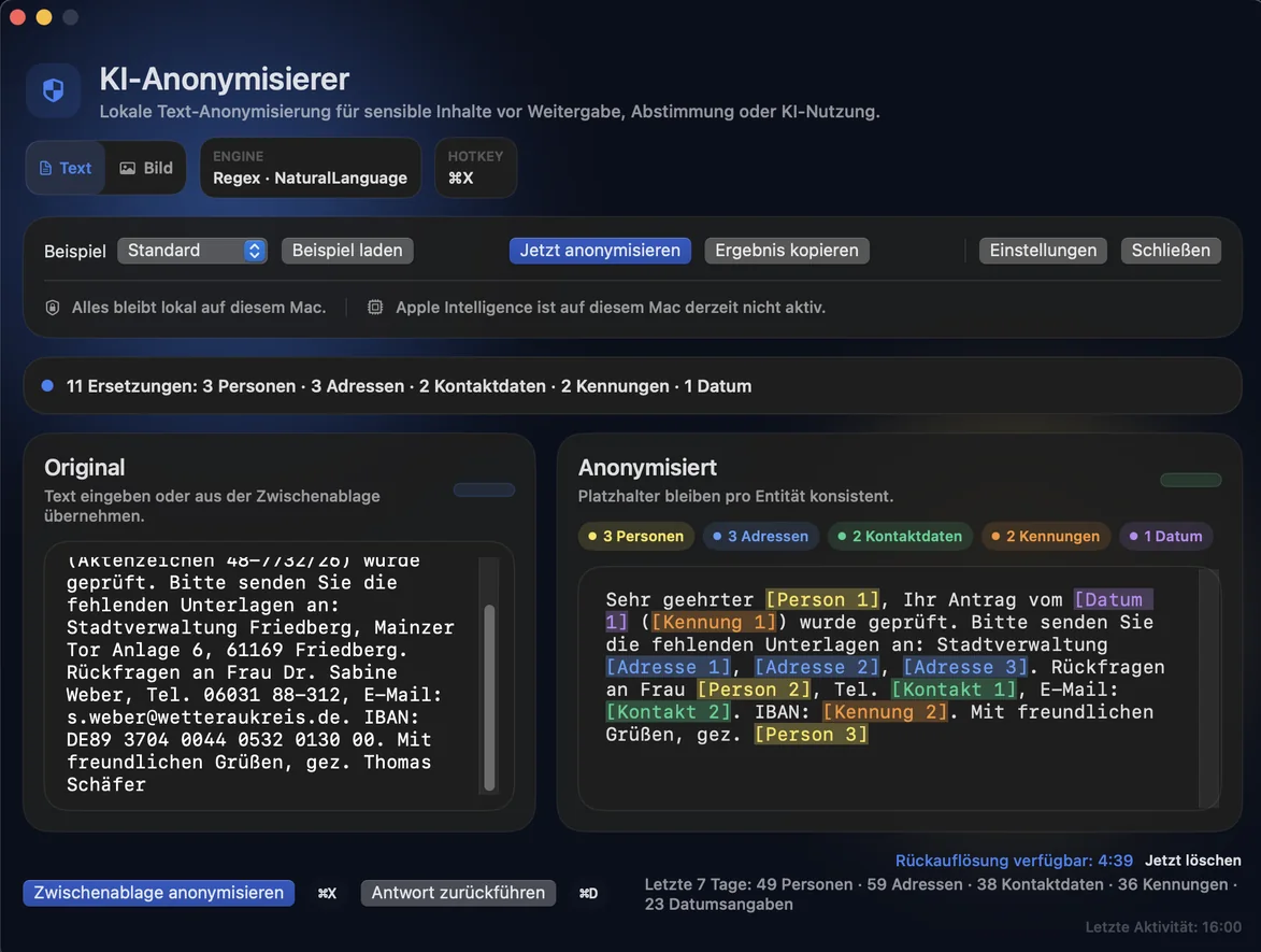 KI-Anonymisierer als Mac-App: Original und anonymisierter Text
