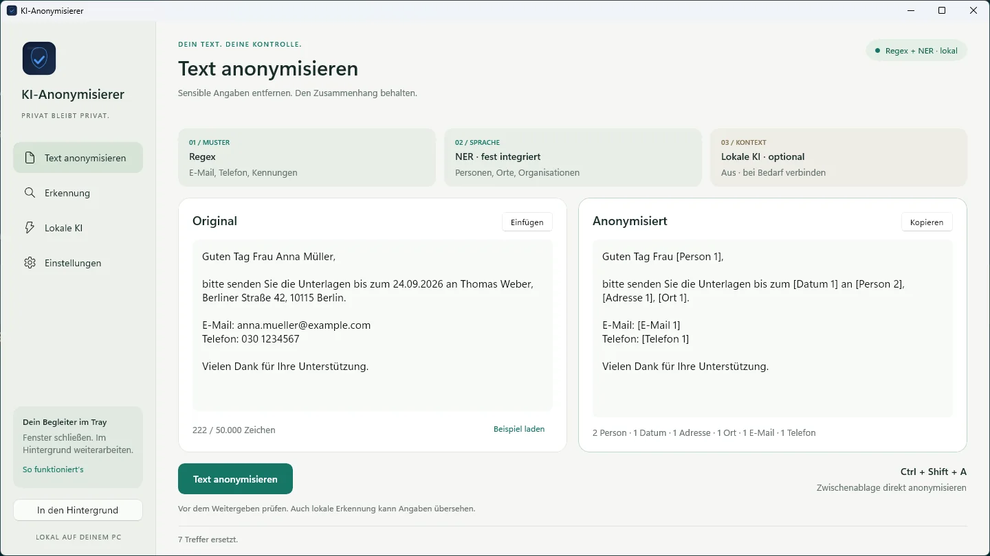 Windows-App mit Original und anonymisiertem Text