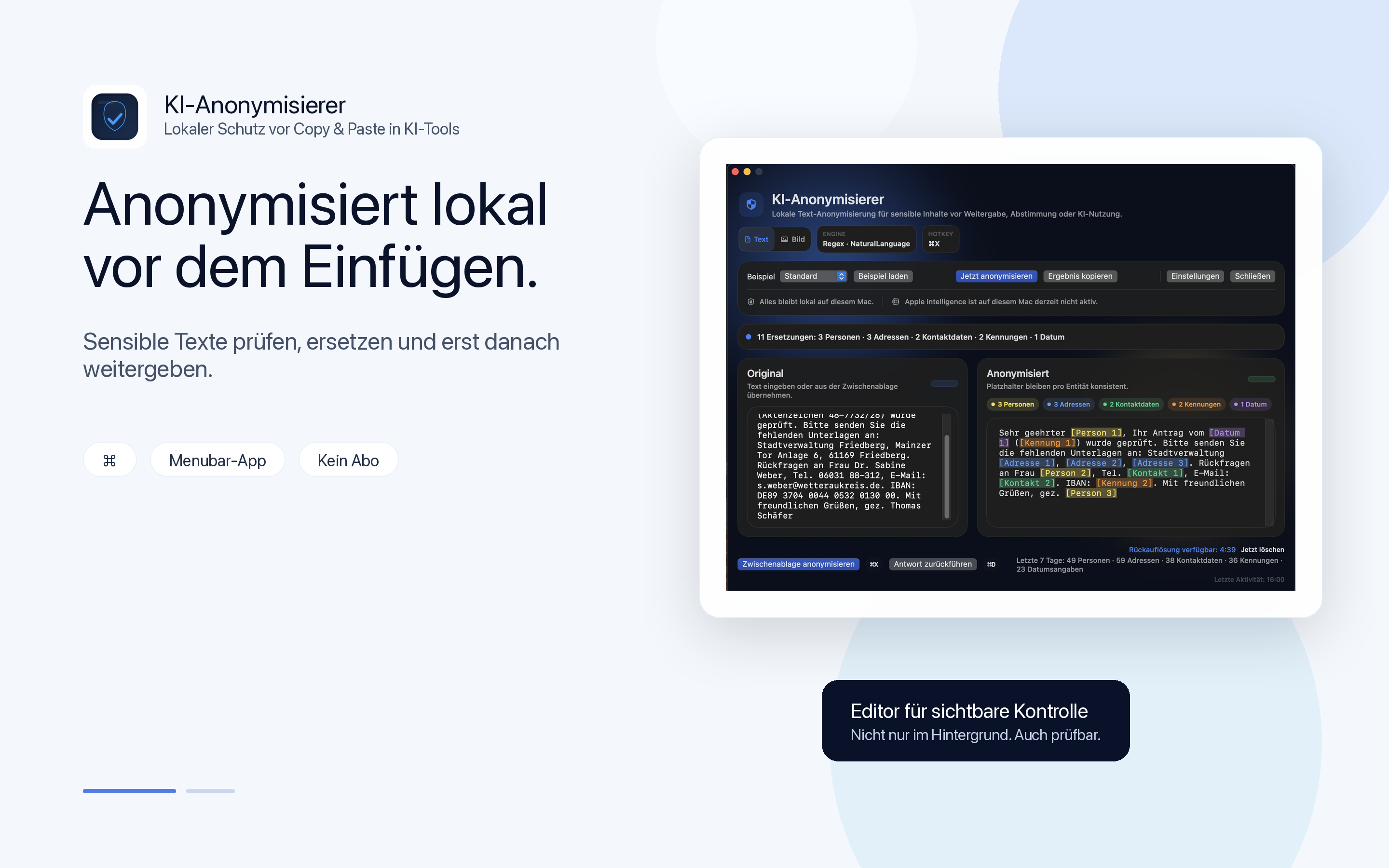 Texteditor der Mac-App mit Original und anonymisierter Fassung nebeneinander